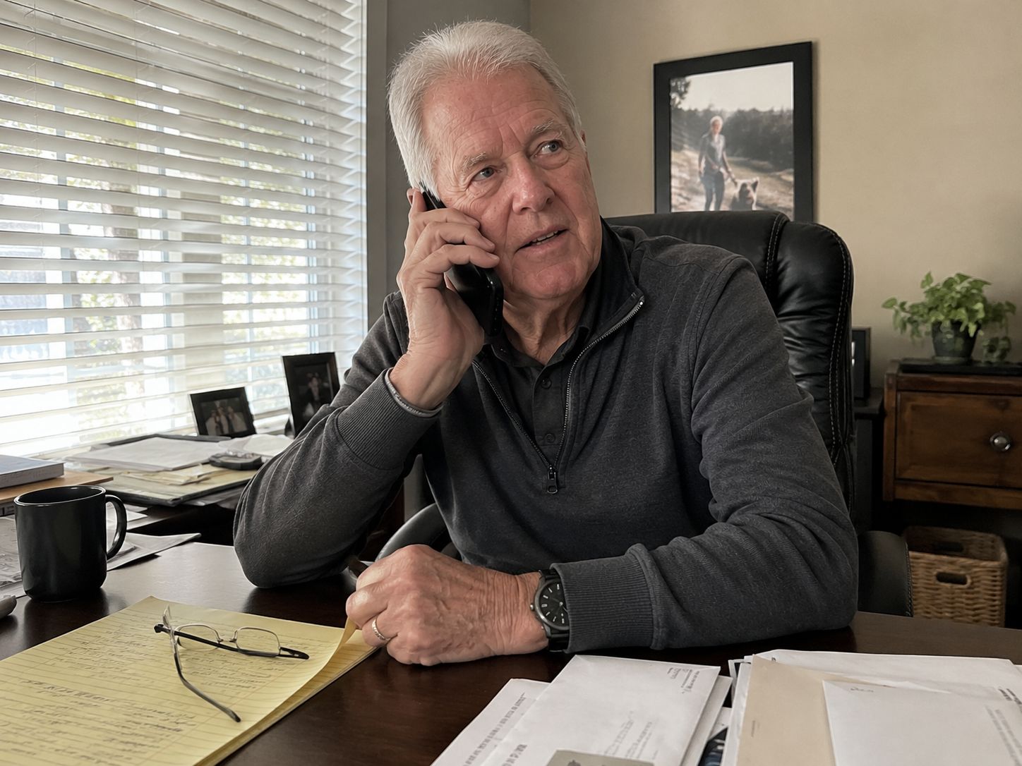 An older man talking on the phone at his home desk