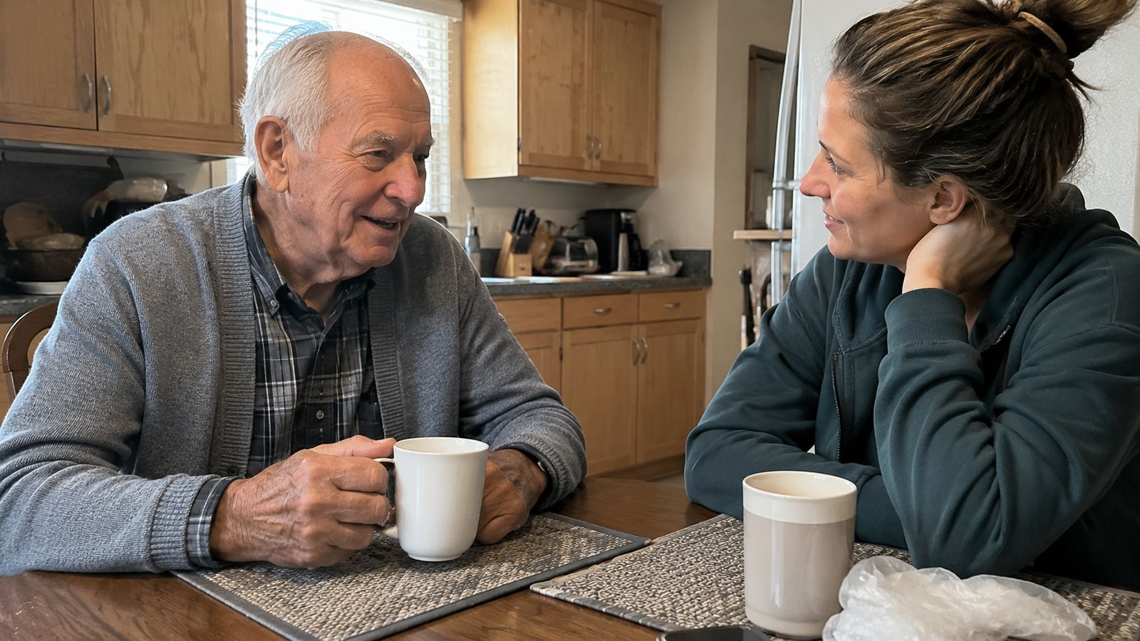 An older man having a warm conversation over coffee at a kitchen table