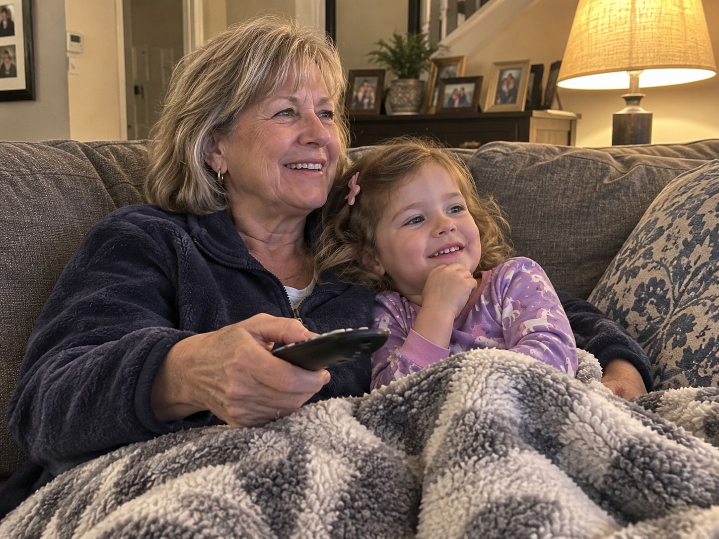 A woman watching television on the couch with her grandchild